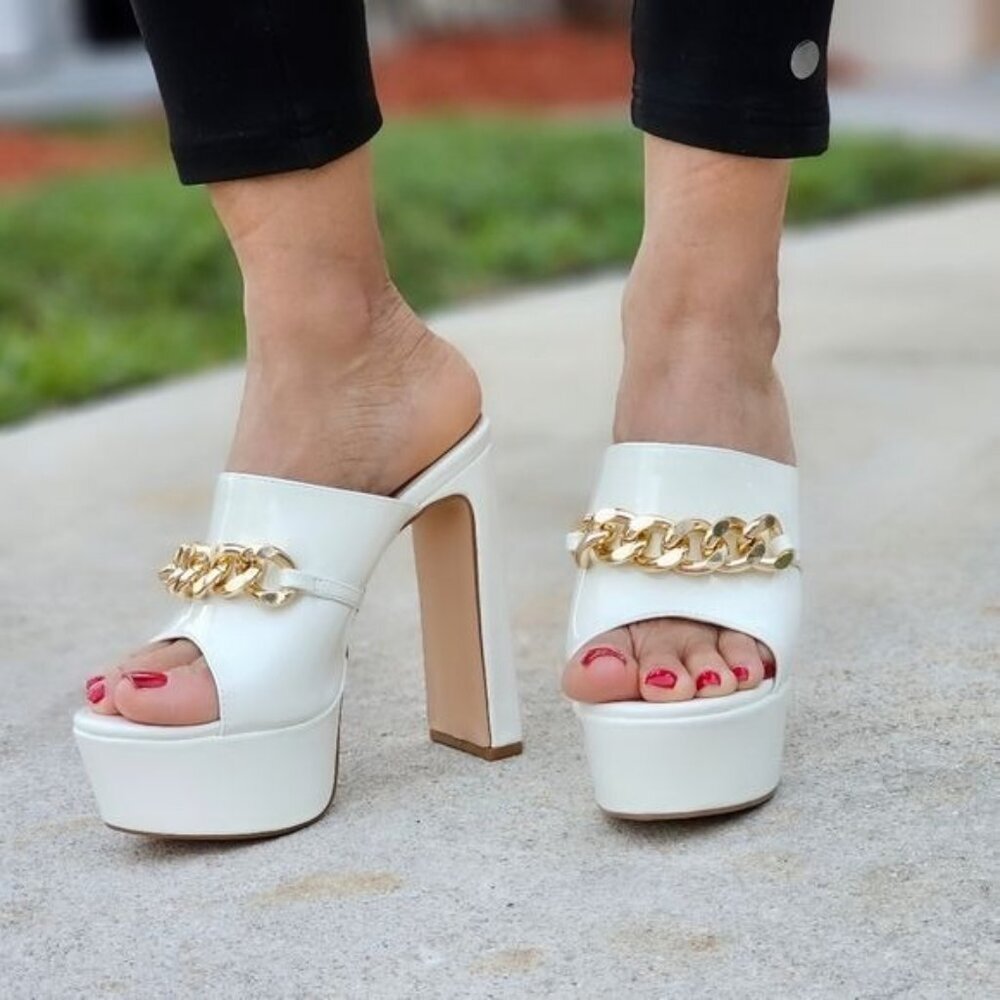 Women's White Patent Platform Mules Stiletto Heels Gold Chain Accent
